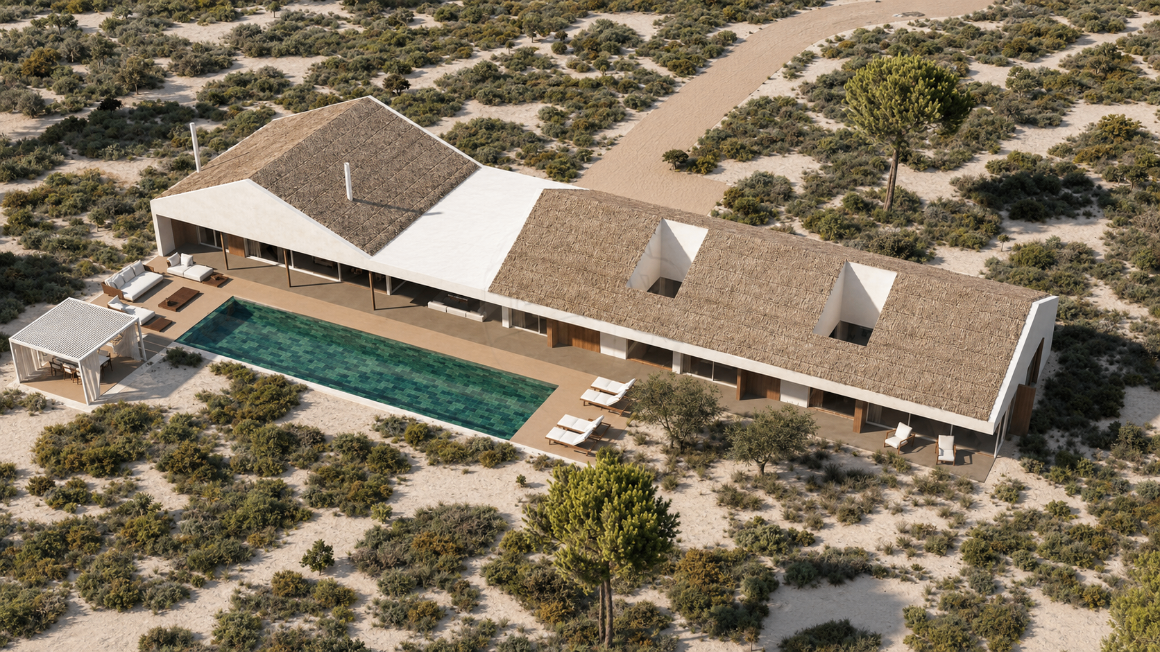 Aerial view of Estate 230 surrounded by 38,714 square metres of pinewood and land.